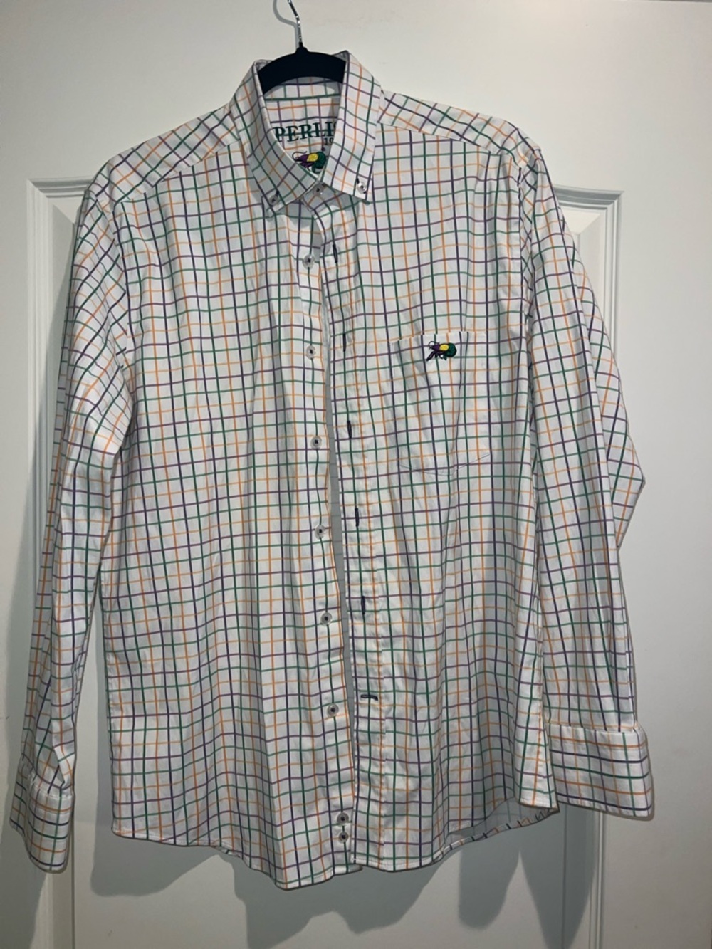 Perlis Mardi Gras gingham sport shirt crawfish embroidery size medium